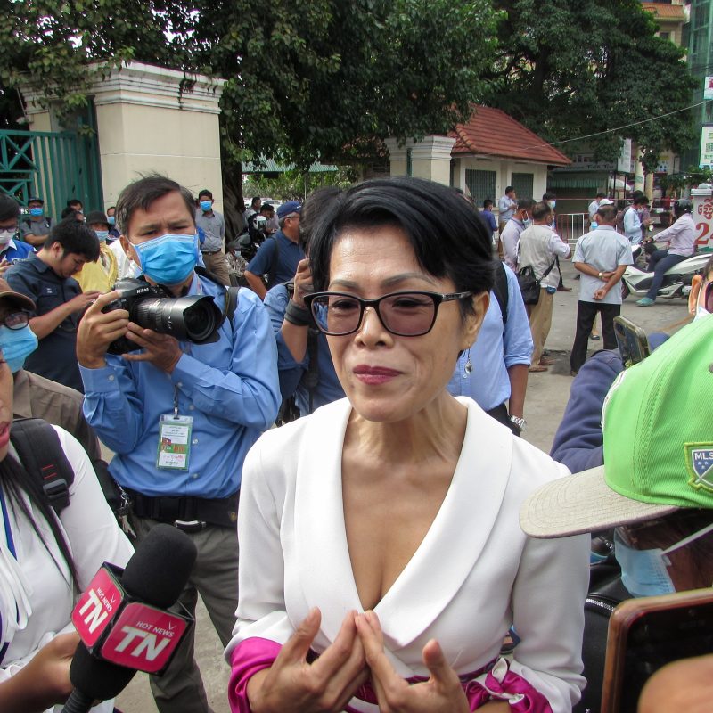 Theary Seng speaks to the media prior to the treason trial of more than 100 opposition figures, in Phnom Penh, Cambodia November 26, 2020.
