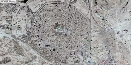 Satellite images taken in March 2015 of the Temple of Hatra in Iraq show extensive looting pits surrounding the site.
