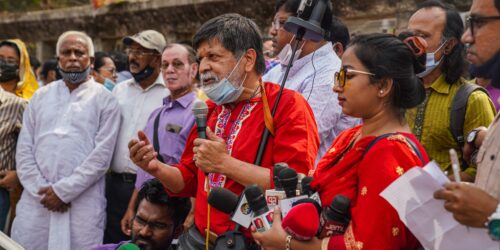 Photojournalist Shahidul Alam speaking at a protest