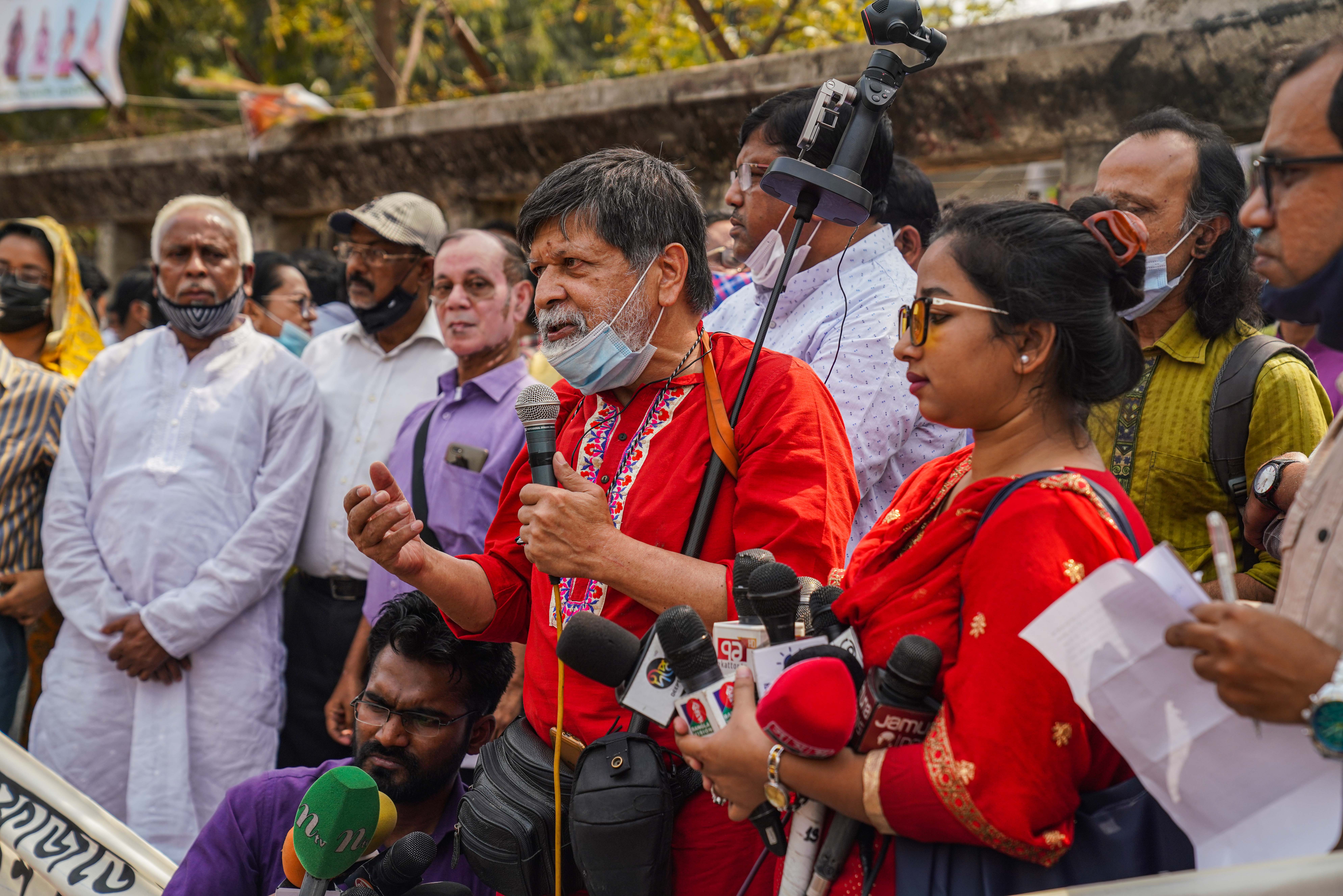 Photojournalist Shahidul Alam speaking at a protest