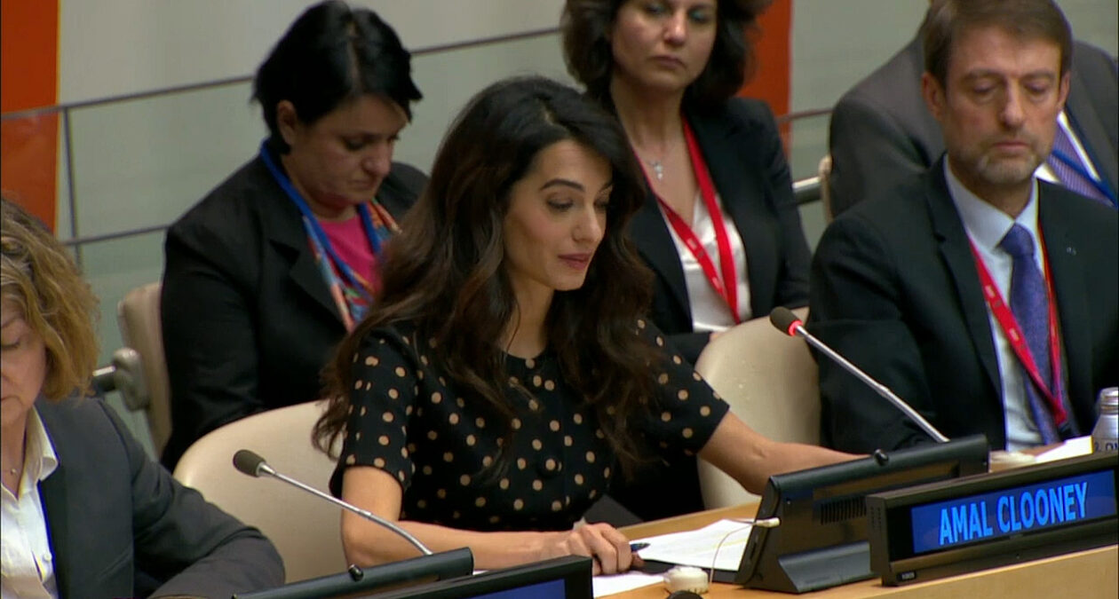 Amal Clooney addressing the United Nations