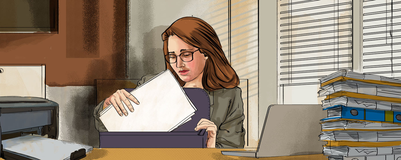 A drawing of a lawyer putting documents in her bag