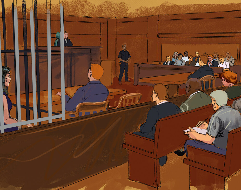 A drawing showing proceedings in court