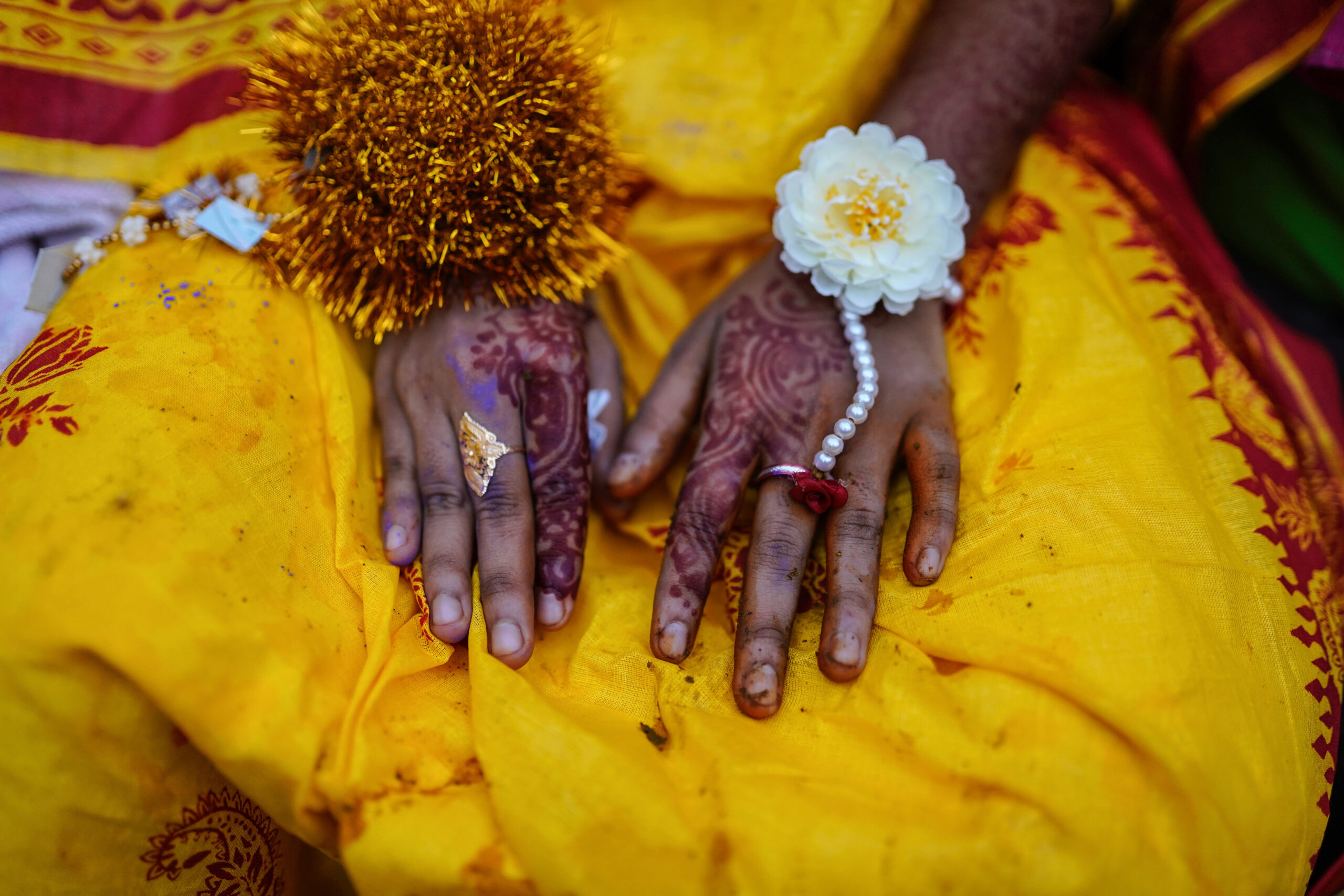 A woman's hands decorated on her wedding day at a village in Bangladesh