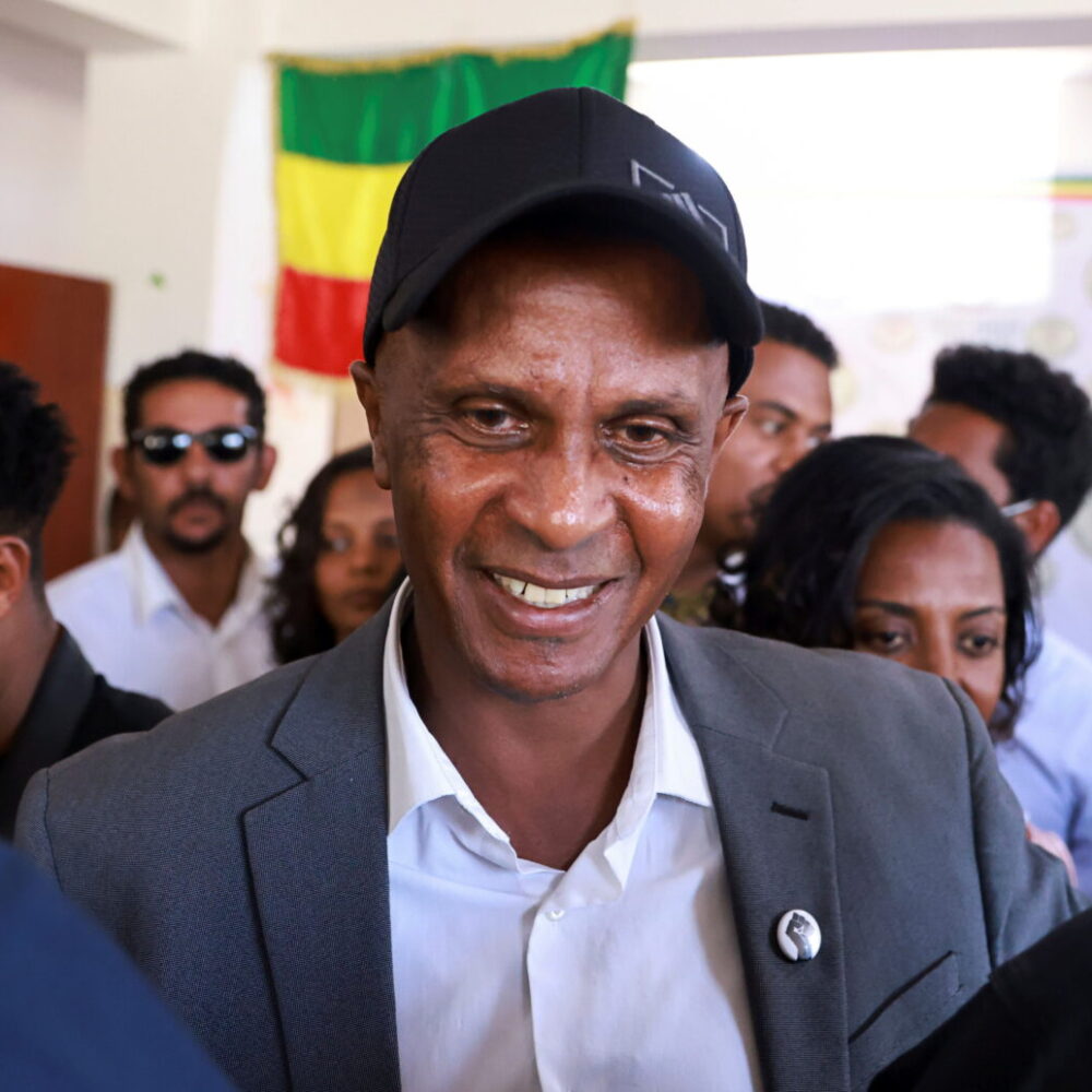 Ethiopian opposition party leader Eskinder Nega arrives at a news conference after his release from prison in Addis Ababa, Ethiopia.