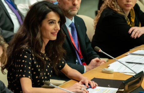 Human rights lawyer Amal Clooney speaks during an informal meeting of the United Nations Security Council