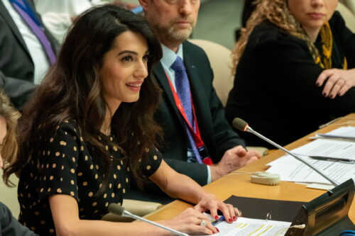 Human rights lawyer Amal Clooney speaks during an informal meeting of the United Nations Security Council