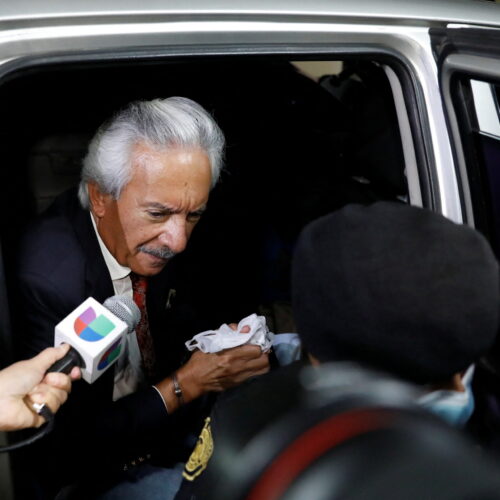 Journalist Jose Ruben Zamora Marroquin, founder and president of El Periodico newspaper, arrives at a court hearing at the towering judicial building days after his detention by Guatemalan authorities on money laundering and blackmail allegations