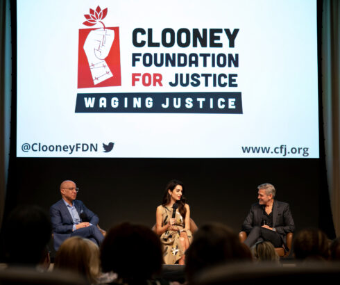 Darren Walker, Amal Clooney, and George Clooney announce the winners of the 2022 Albies awards