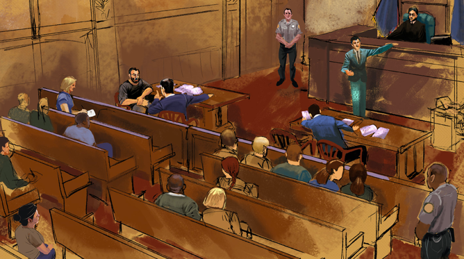 A drawing showing proceedings at a courtroom