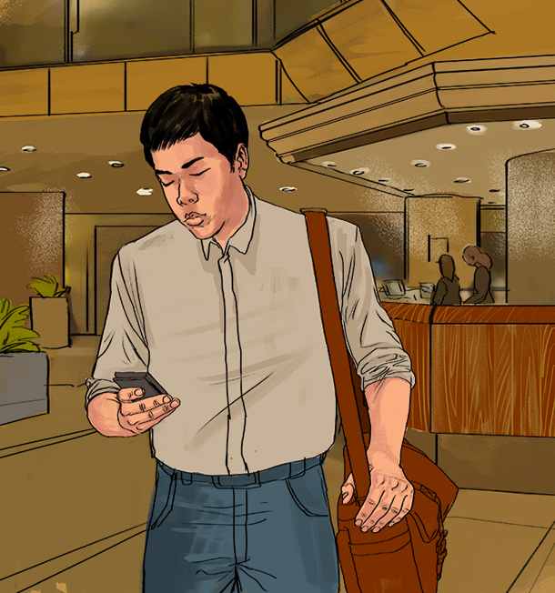A drawing showing a man with a bag and a cellphone
