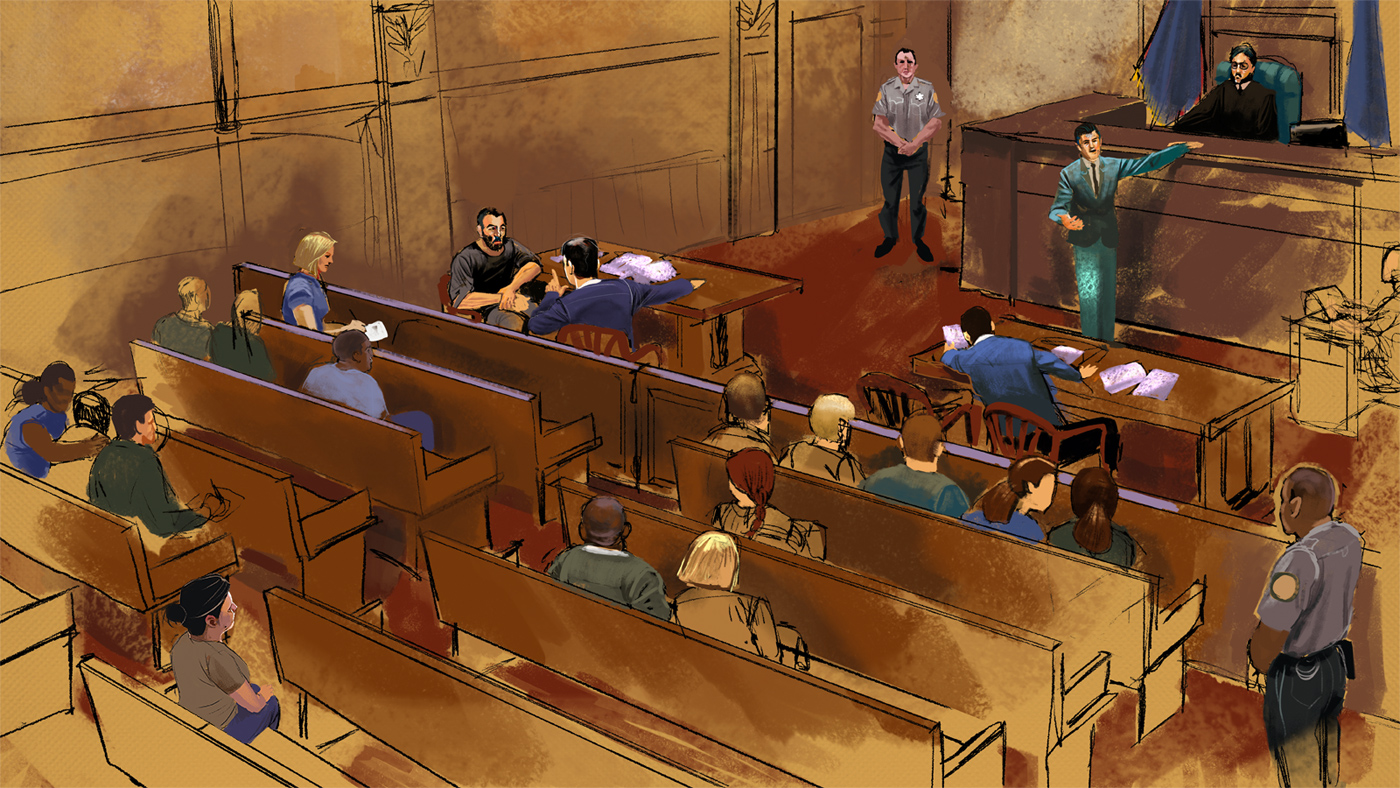 A drawing of procedures at court