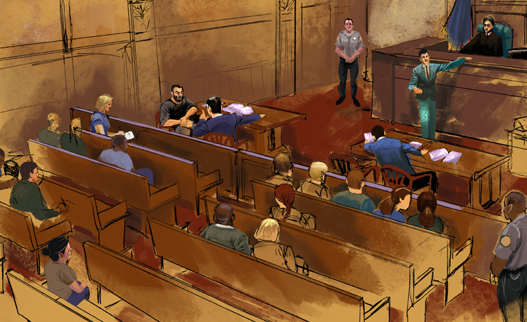 A drawing showing proceedings at court