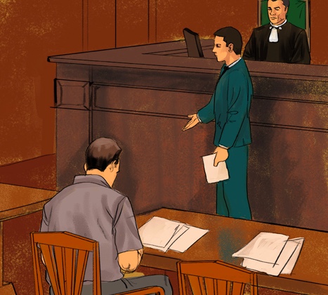 A drawing showing proceedings at court