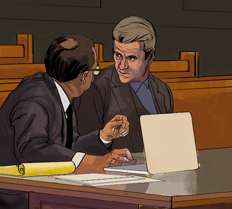 A drawing of a lawyer and his client