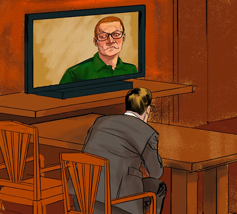 A drawing of online proceedings in court