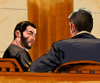 A drawing showing a defendant speaking to his lawyer