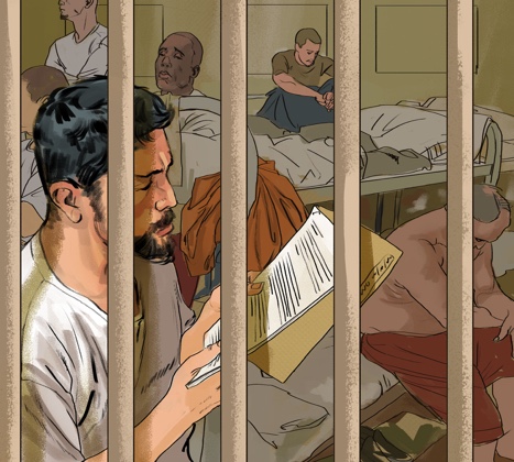 A drawing showing prisoners behind bars