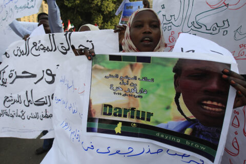 Sudanese protesters from Darfur chant slogans during a protest demanding Sudanese President Omar Al-Bashir to step down