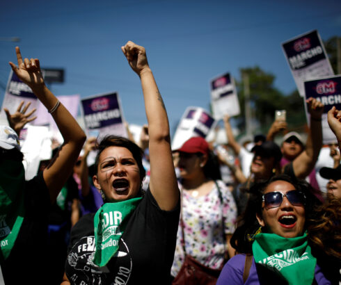 Activists take part in a demonstration during a nationwide feminist strike on International Women's Day in San Salvador