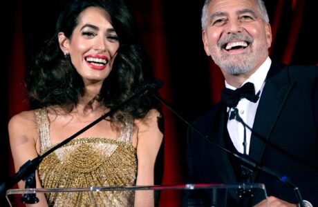 Amal Clooney and George Clooney speak at the Clooney Foundation For Justice Inaugural Albie Awards at New York Public Library on September 29, 2022 in New York City. (Kevin Mazur/Getty Images)