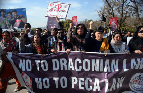 Female Protesters in Pakistan hold a banner demanding an end to the flawed Prevention of Electronic Crimes Act