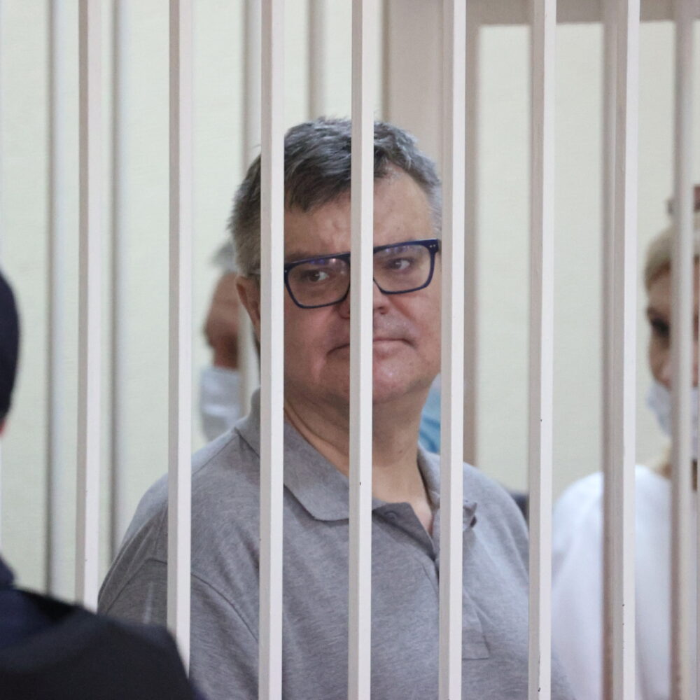 Former Belarusian presidential contender Viktor Babariko attends a court hearing in Minsk, Belarus