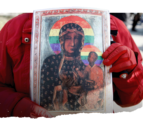 An unidentified person holds an icon of the Virgin Mary and Jesus with rainbow colored halos around their heads.