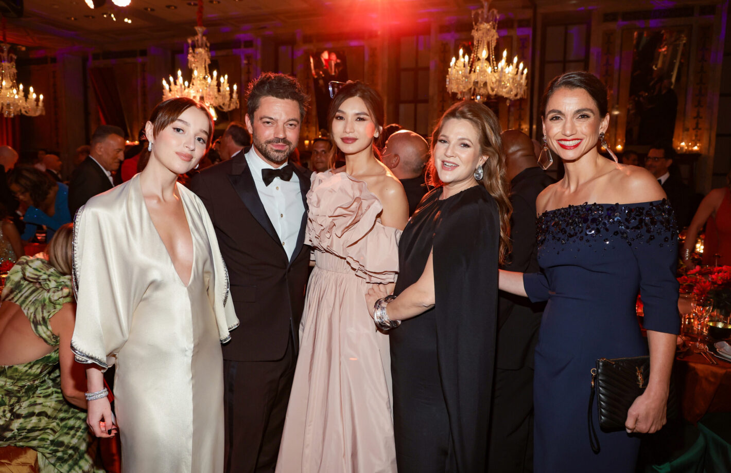Phoebe Dynevor, Dominic Cooper, Gemma Chan, Drew Barrymore and Demetra Pinsent attend the Clooney Foundation For Justice Inaugural Albie Awards at New York Public Library on September 29, 2022 in New York City.
