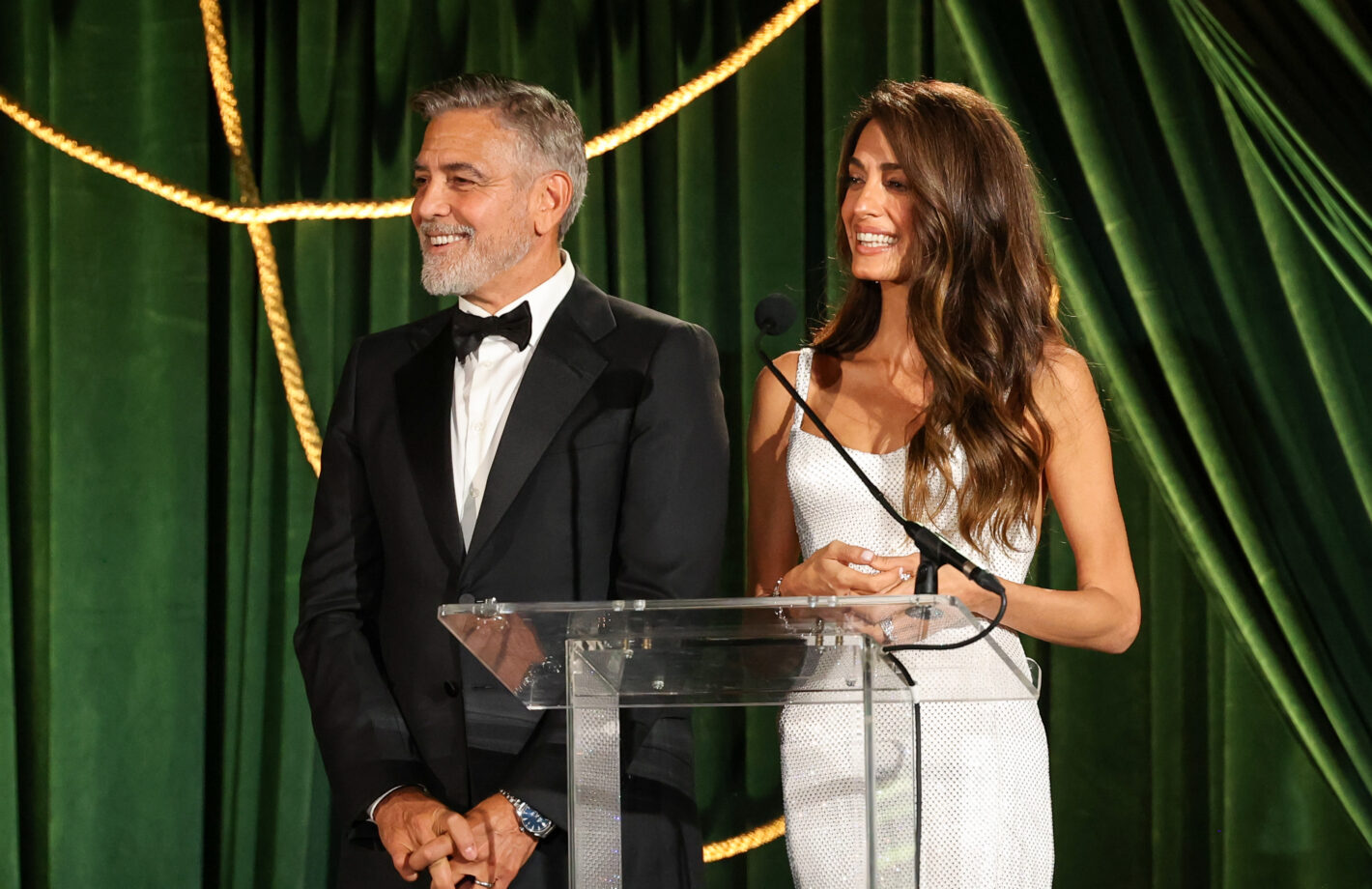 CFJ Co-Founders George and Amal Clooney onstage during the 2023 Albies at the New York Public Library