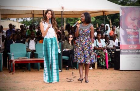 Amal Clooney (left) addresses the attendees of a free legal clinic in Malawi in November 2023 with Chikondi Chijozi (right) interpreting