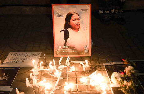 A portrait of Netiporn Sanesangkhom, seen during mourning ceremony outside The Southern Bangkok Criminal Court.